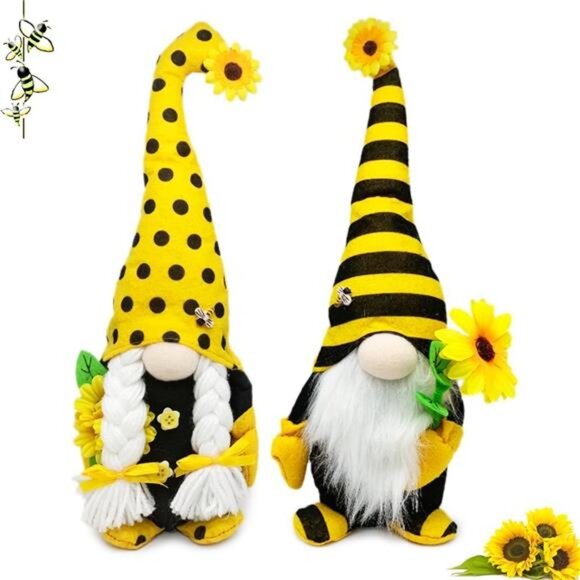 Spring & Summer Gnome Set – 2PCS Sunflower & Bee Plush Decorations, 15” & 14” - Picture 1 of 7